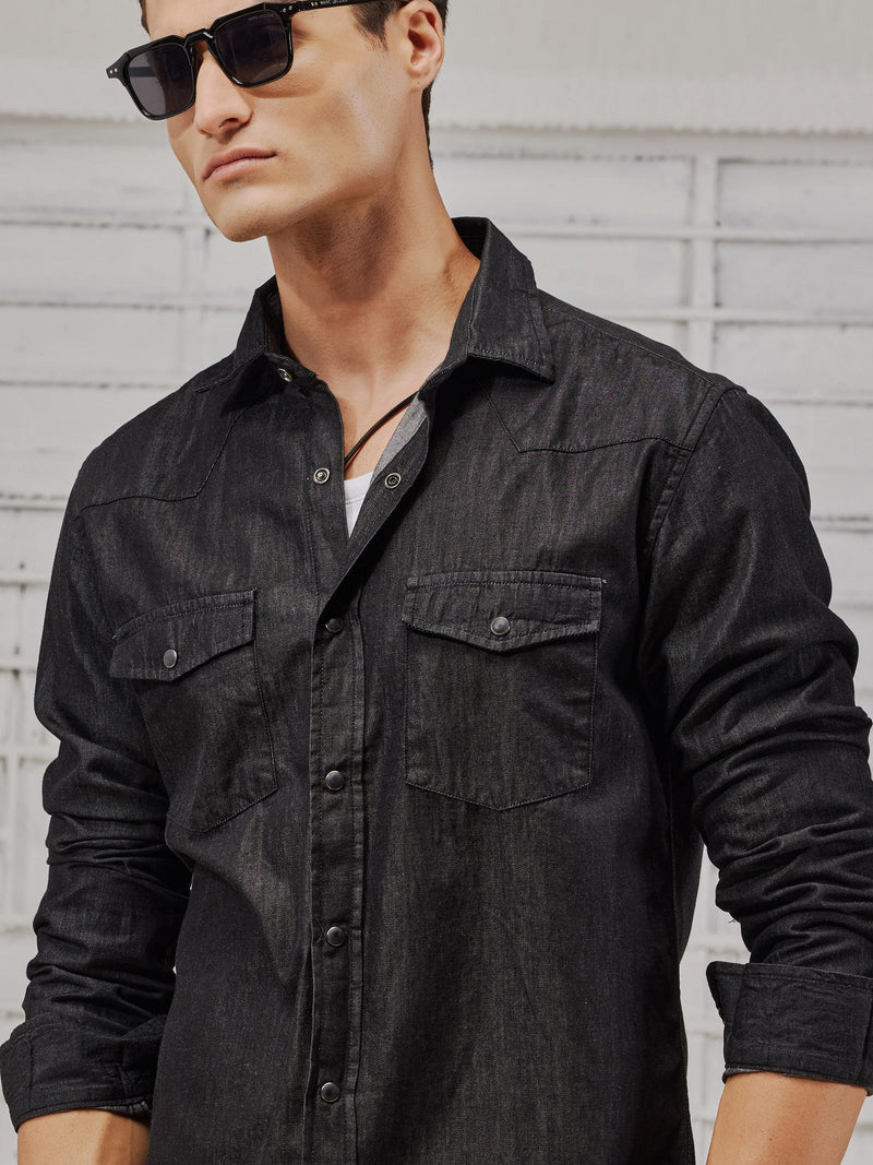Men's Solid Cargo Jacket Washed Denim Shirt in 2023 | Long sleeve denim  shirt, Fashion business casual, Black denim shirt